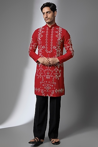Red Poly Crepe Kurta by Rohit Doshi