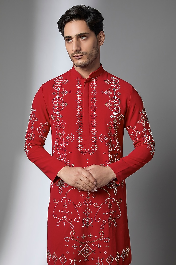 Red Poly Crepe Kurta by Rohit Doshi at Pernia's Pop Up Shop