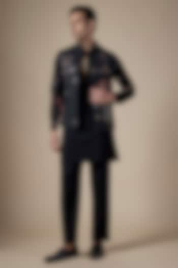 Black Cotton Silk Bundi Jacket Set by Rohit Doshi at Pernia's Pop Up Shop