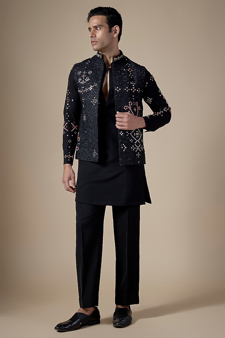 Black Cotton Silk Bundi Jacket Set by Rohit Doshi at Pernia's Pop Up Shop