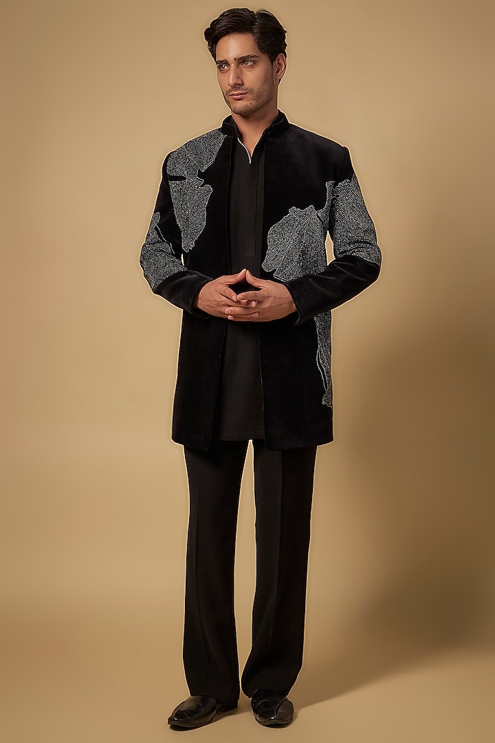 Black Velvet Wedding Indowestern Set by Rohit Doshi at Pernia's Pop Up Shop