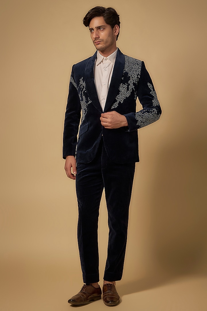 Midnight Blue Velvet Tuxedo Set by Rohit Doshi at Pernia's Pop Up Shop