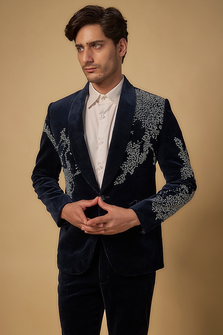 Midnight Blue Velvet Tuxedo Set by Rohit Doshi at Pernia's Pop Up Shop