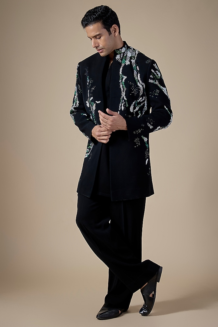 Black Suiting & Cotton Silk Wedding Indowestern Set by Rohit Doshi at Pernia's Pop Up Shop