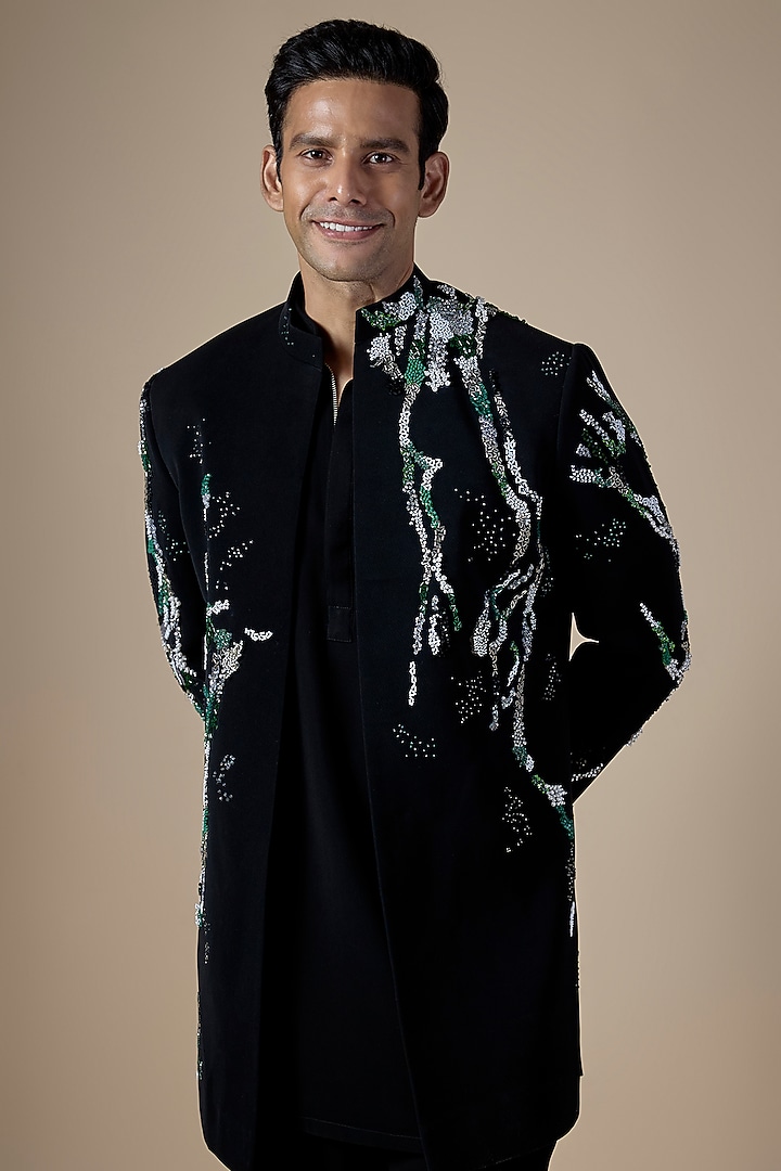 Black Suiting & Cotton Silk Wedding Indowestern Set by Rohit Doshi at Pernia's Pop Up Shop