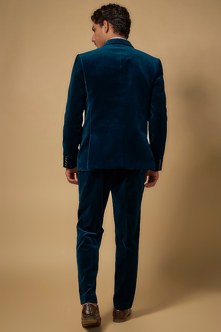 Teal Blue Velvet Tuxedo Set by Rohit Doshi at Pernia's Pop Up Shop