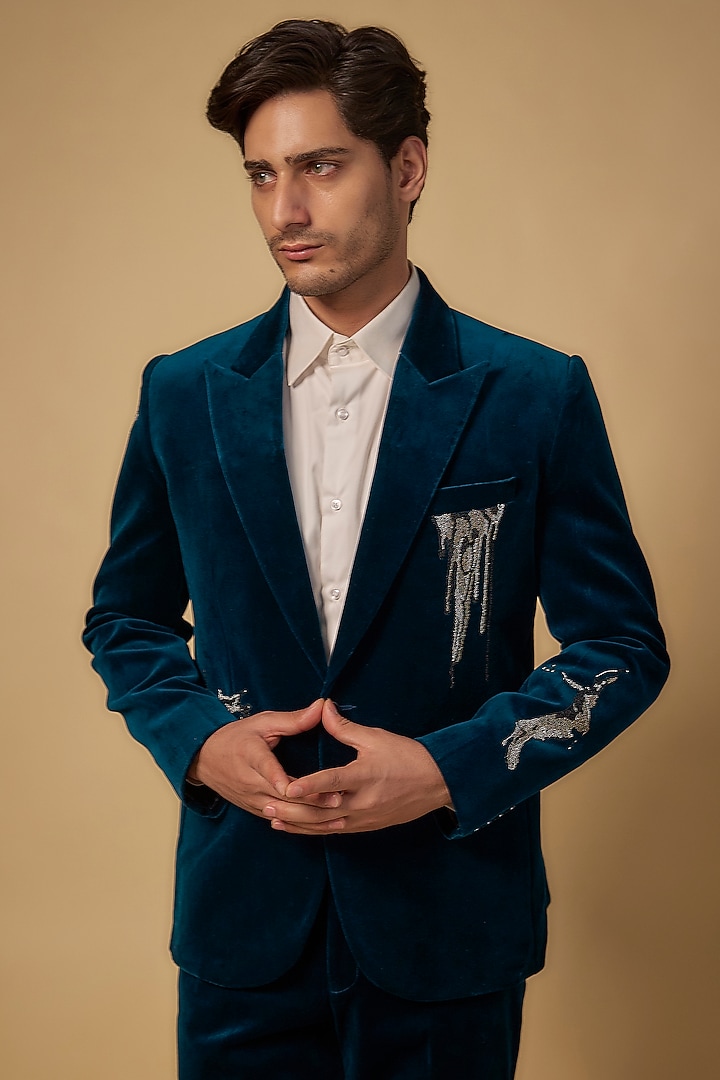 Teal Blue Velvet Tuxedo Set by Rohit Doshi at Pernia's Pop Up Shop