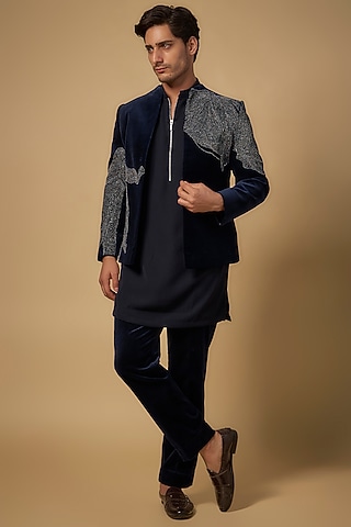 Navy Blue Velvet Bandhgala Set by Rohit Doshi