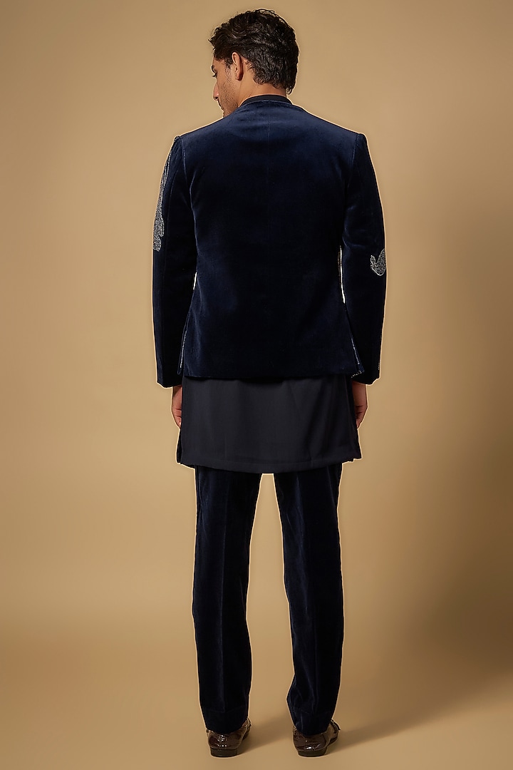 Navy Blue Velvet Wedding Bandhgala Set by Rohit Doshi at Pernia's Pop Up Shop