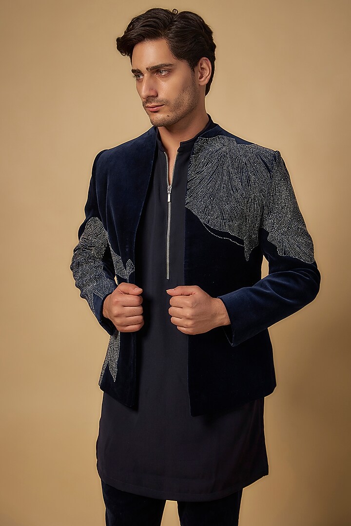 Navy Blue Velvet Wedding Bandhgala Set by Rohit Doshi at Pernia's Pop Up Shop