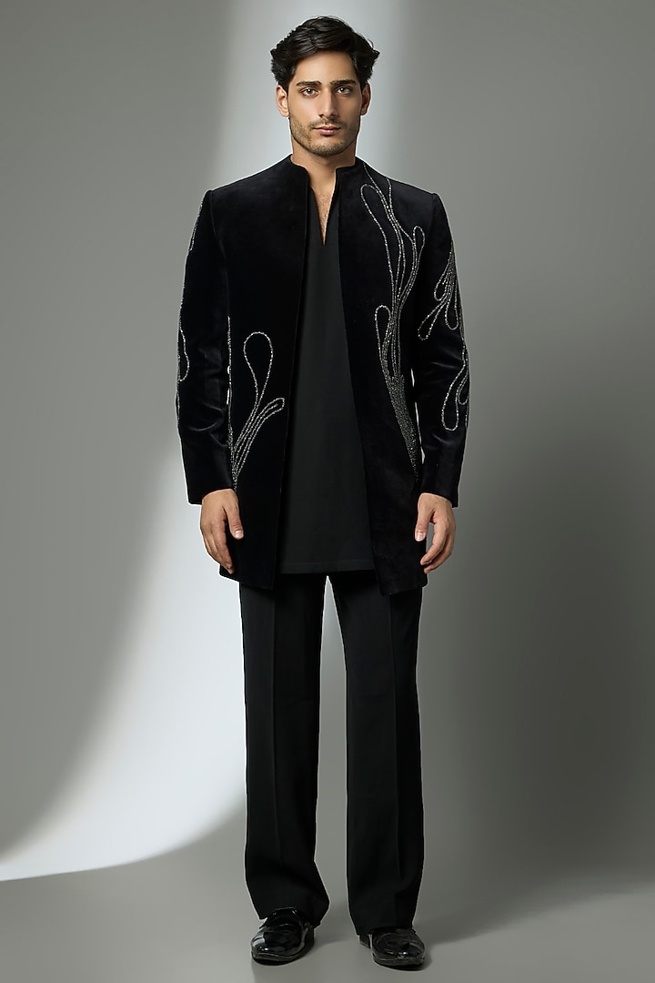 Black Suede Wedding Indowestern Set by Rohit Doshi at Pernia's Pop Up Shop