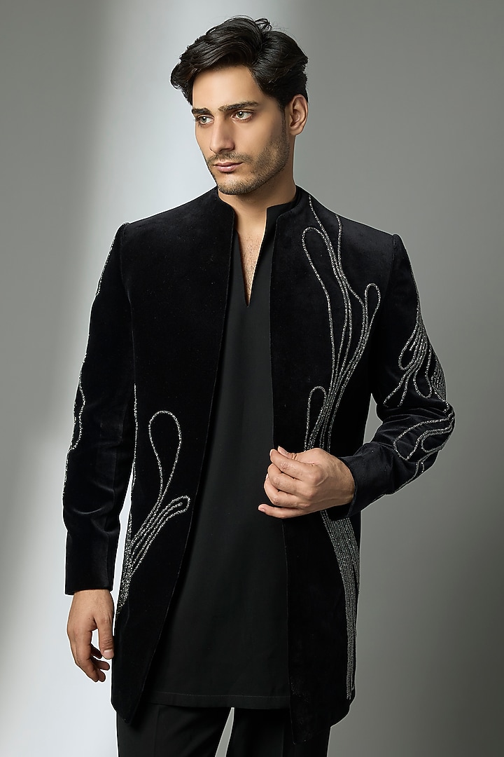 Black Suede Wedding Indowestern Set by Rohit Doshi at Pernia's Pop Up Shop