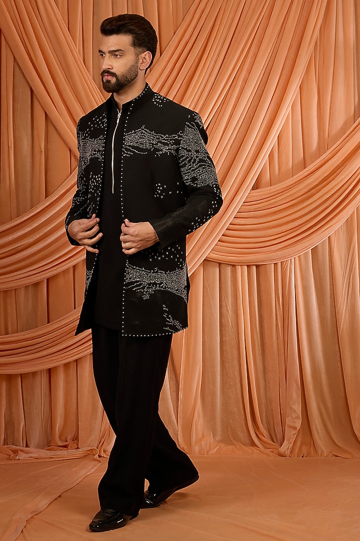 Black Velvet Wedding Indowestern Set by Rohit Doshi at Pernia's Pop Up Shop