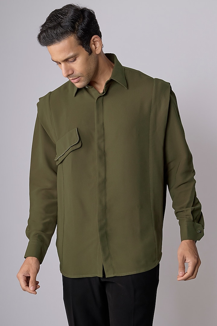 Brown Linen Satin Party Wear Shirt by Rohit Doshi at Pernia's Pop Up Shop