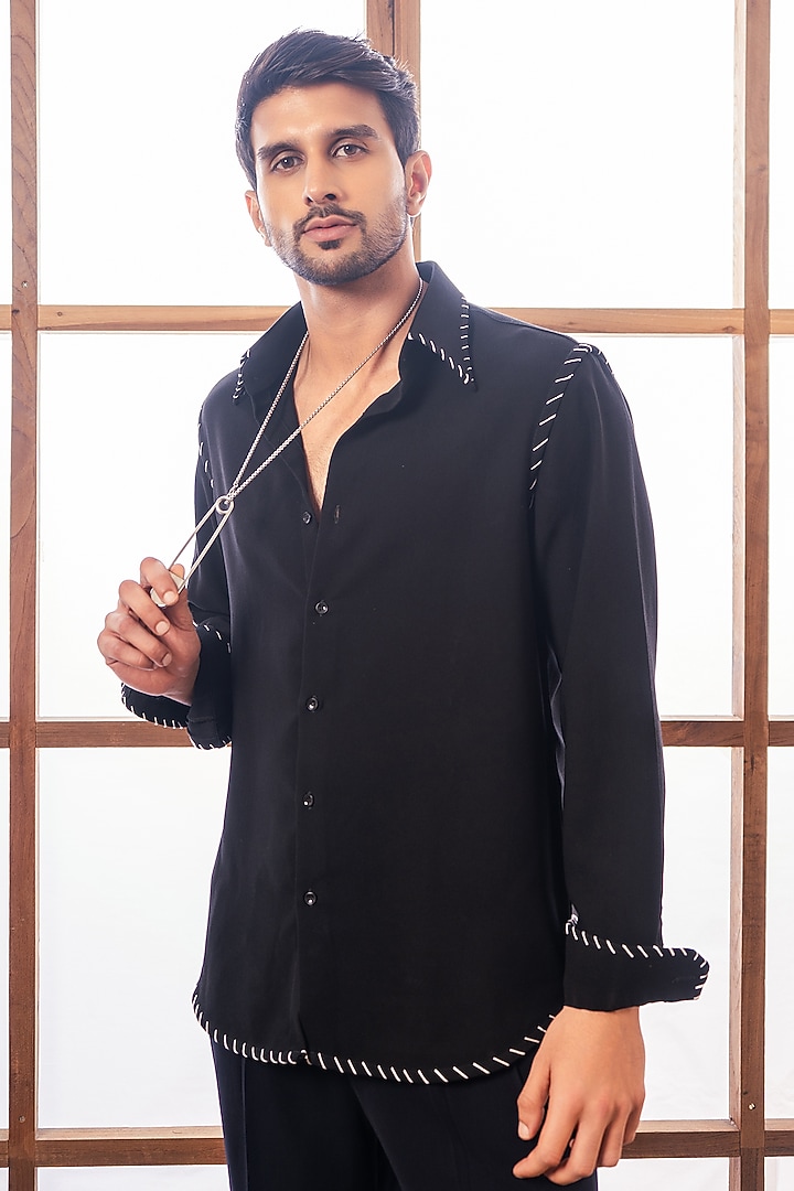 Black Lachka & Armani Fabric Party Wear Shirt by Rohit Doshi at Pernia's Pop Up Shop
