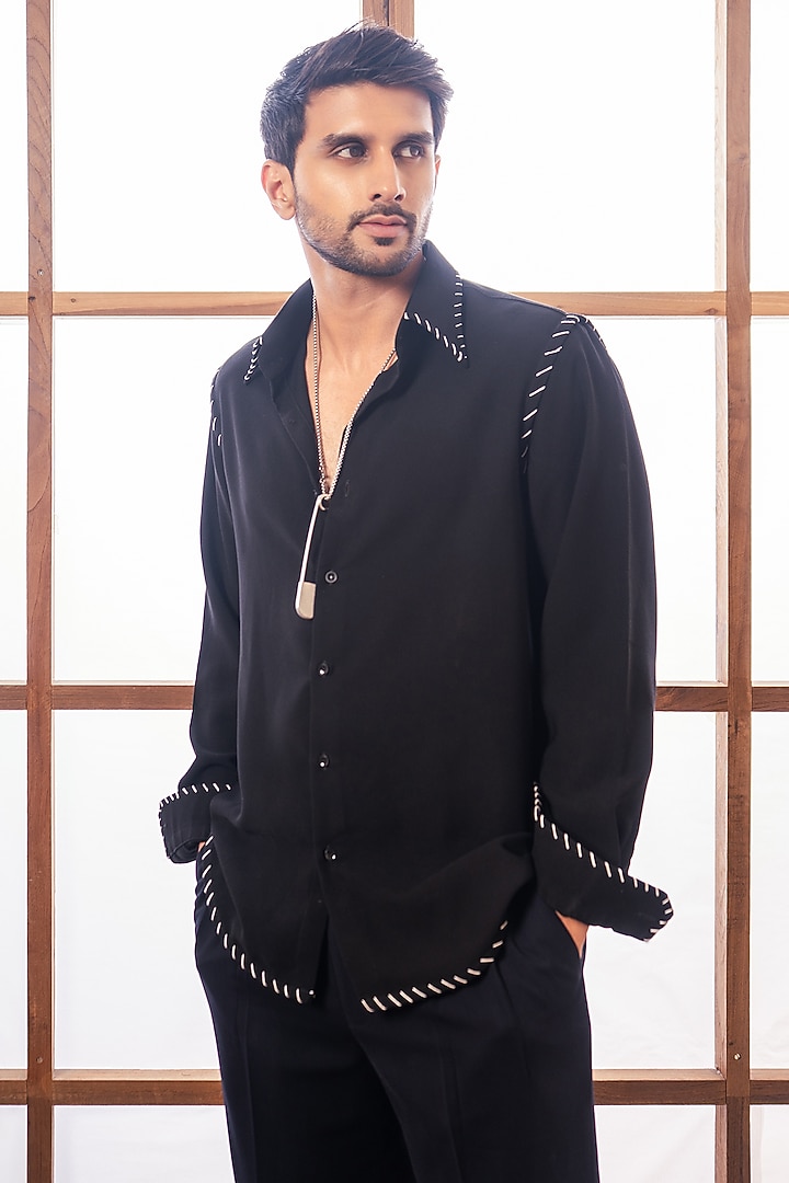 Black Lachka & Armani Fabric Party Wear Shirt by Rohit Doshi at Pernia's Pop Up Shop
