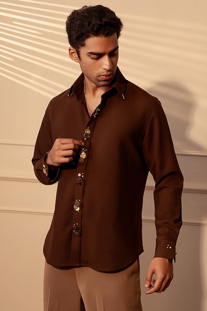 Brown Lachka & Armani Fabric Party Wear Shirt by Rohit Doshi at Pernia's Pop Up Shop