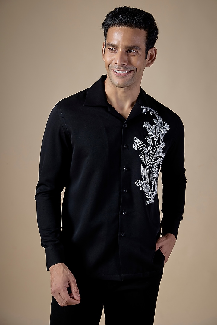 Black Lachka & Armani Fabric Party Wear Shirt by Rohit Doshi at Pernia's Pop Up Shop