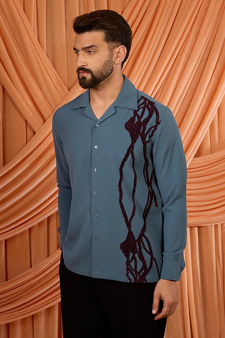 Petrol Blue Lachka & Armani Fabric Party Wear Shirt by Rohit Doshi at Pernia's Pop Up Shop