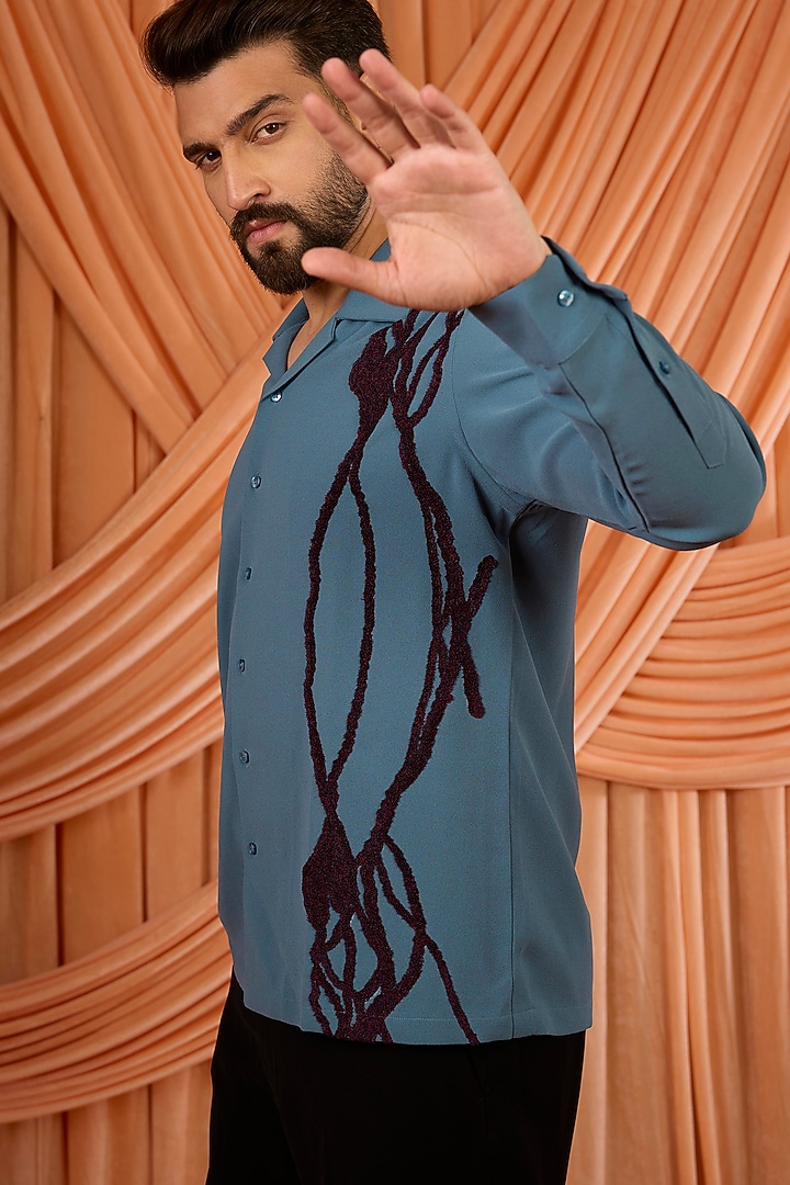 Petrol Blue Lachka & Armani Fabric Party Wear Shirt by Rohit Doshi at Pernia's Pop Up Shop