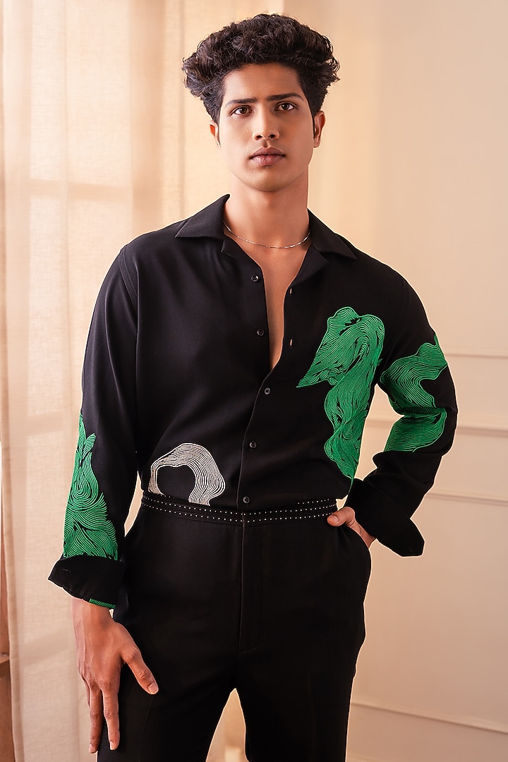 Black Lachka Fabric Handwork Wedding Shirt by Rohit Doshi at Pernia's Pop Up Shop