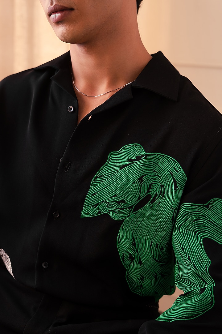 Black Lachka Fabric Handwork Wedding Shirt by Rohit Doshi at Pernia's Pop Up Shop