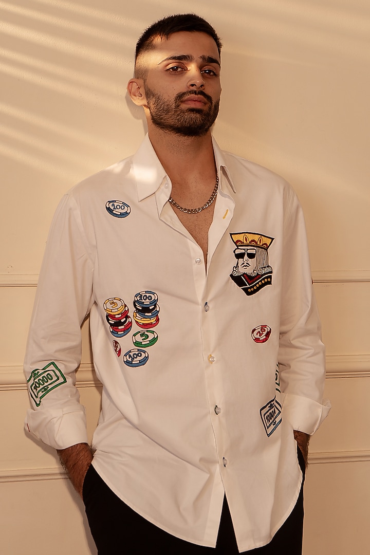 White Twill Machine Work Party Wear Shirt by Rohit Doshi at Pernia's Pop Up Shop