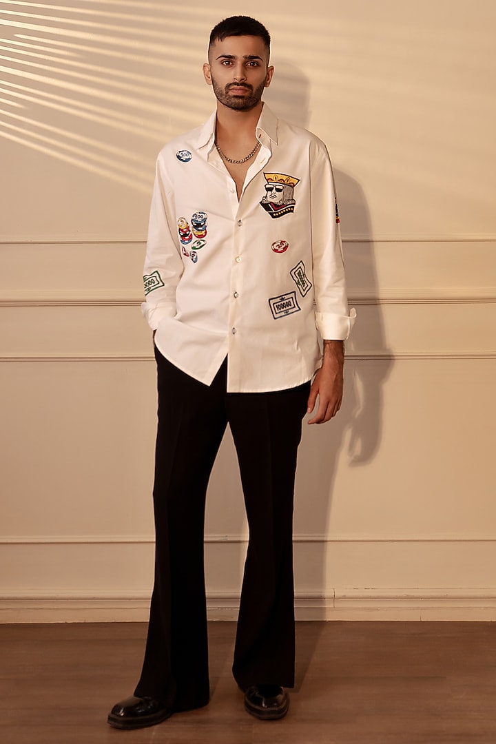 White Twill Machine Work Party Wear Shirt by Rohit Doshi at Pernia's Pop Up Shop