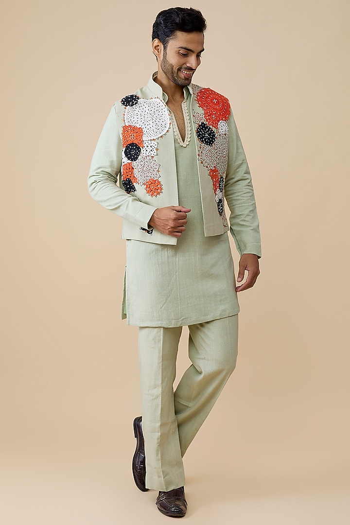 Ivory Cotton Bundi Jacket Set by Rohit Doshi at Pernia's Pop Up Shop