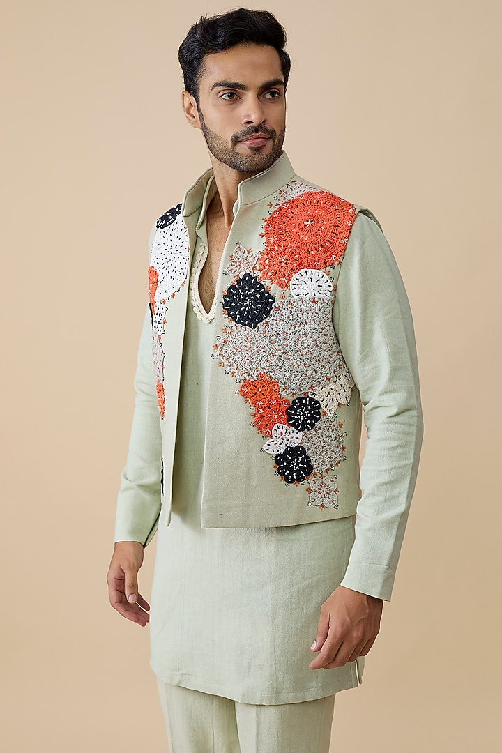 Ivory Cotton Bundi Jacket Set by Rohit Doshi at Pernia's Pop Up Shop