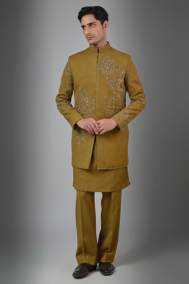 Green Cotton Blend Wedding Indowestern Set by Rohit Doshi at Pernia's Pop Up Shop