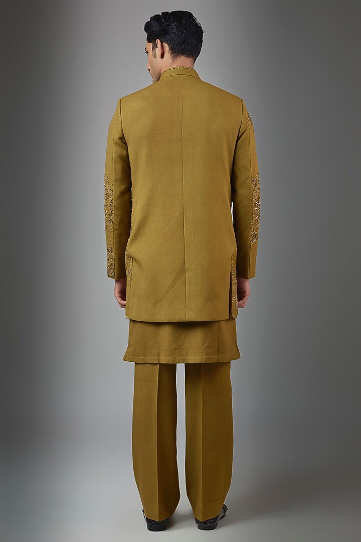 Green Cotton Blend Wedding Indowestern Set by Rohit Doshi at Pernia's Pop Up Shop