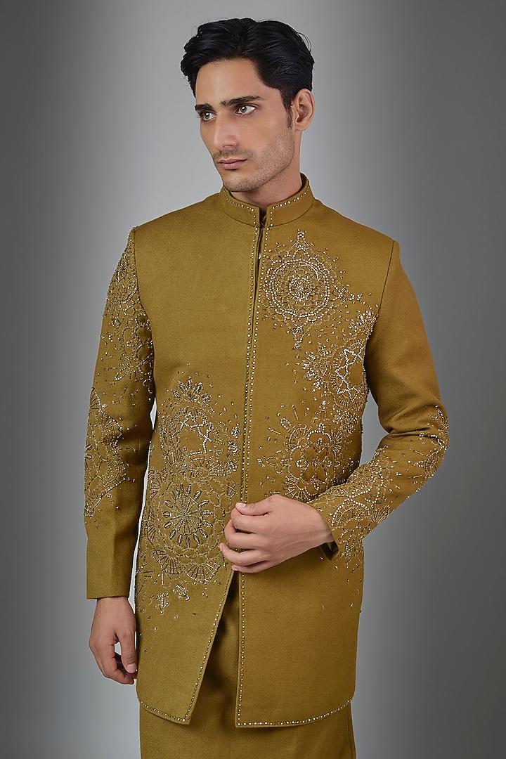 Green Cotton Blend Wedding Indowestern Set by Rohit Doshi at Pernia's Pop Up Shop
