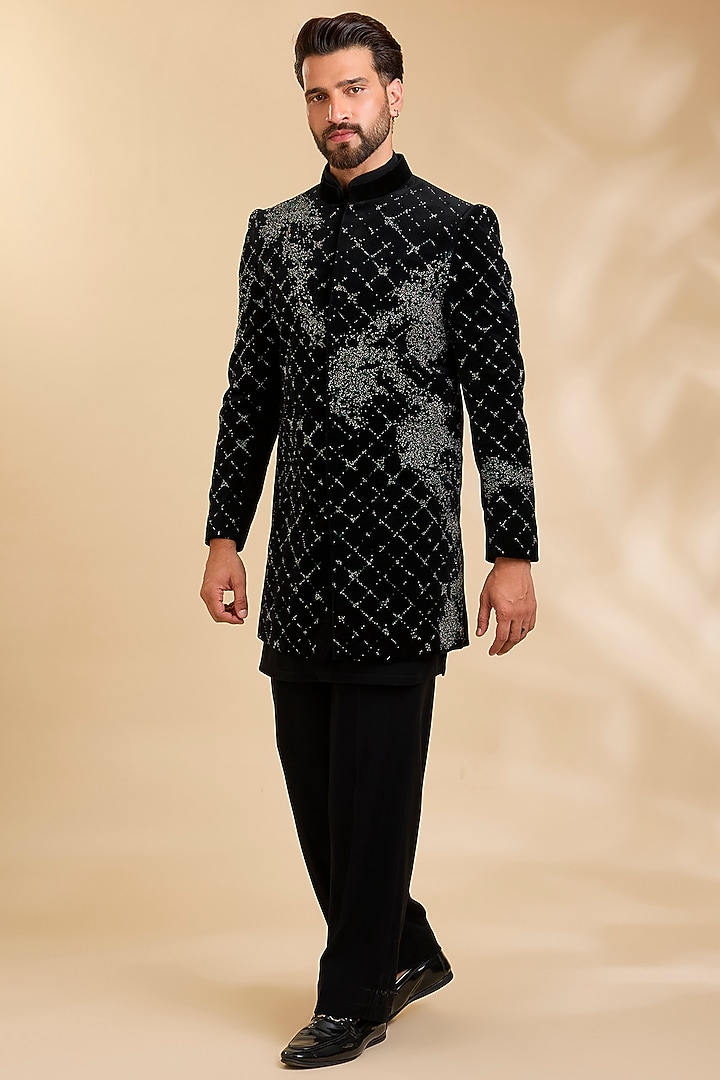 Black Velvet Wedding Indowestern Set by Rohit Doshi at Pernia's Pop Up Shop