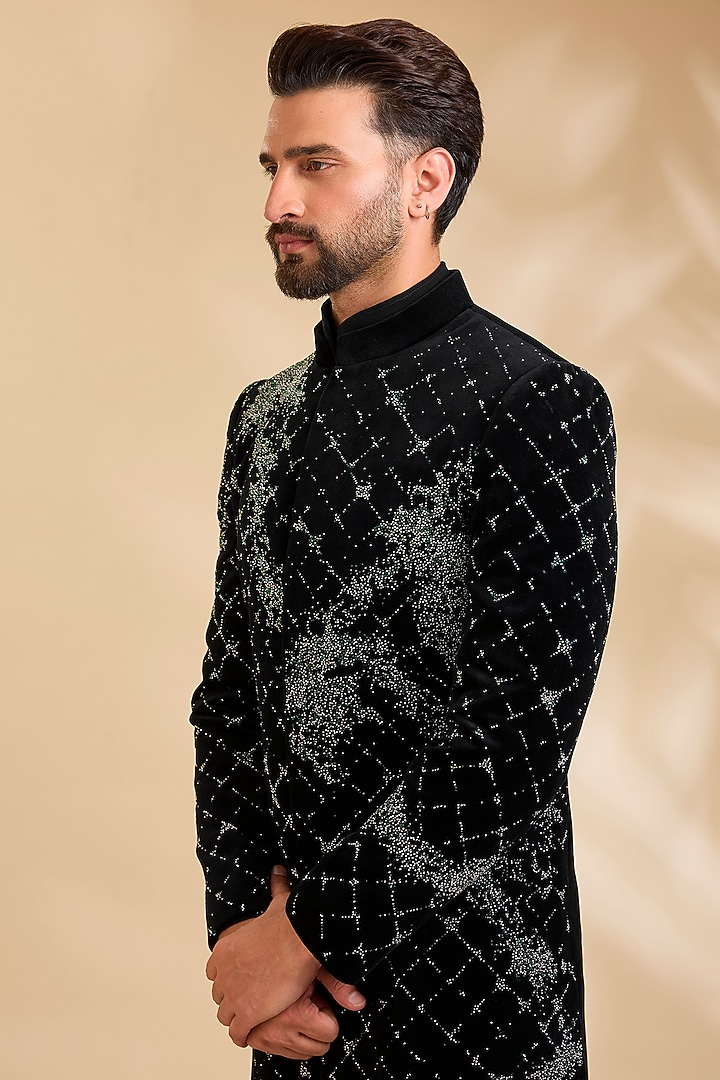 Black Velvet Wedding Indowestern Set by Rohit Doshi at Pernia's Pop Up Shop
