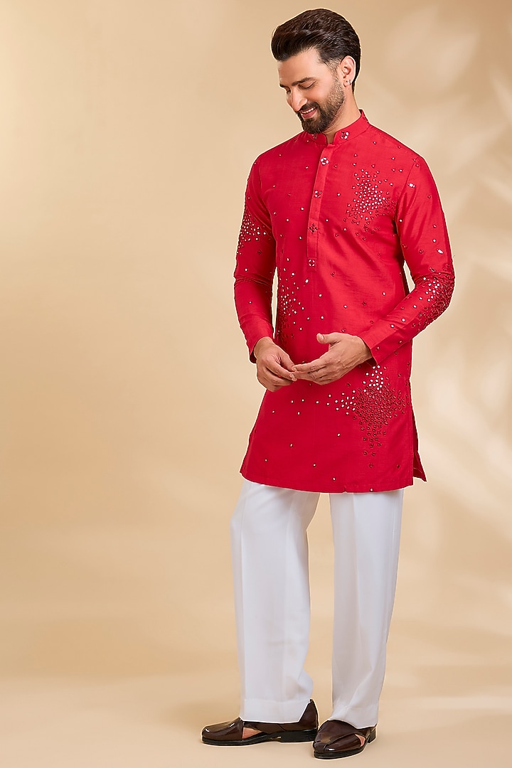 Red Silk Kurta by Rohit Doshi at Pernia's Pop Up Shop