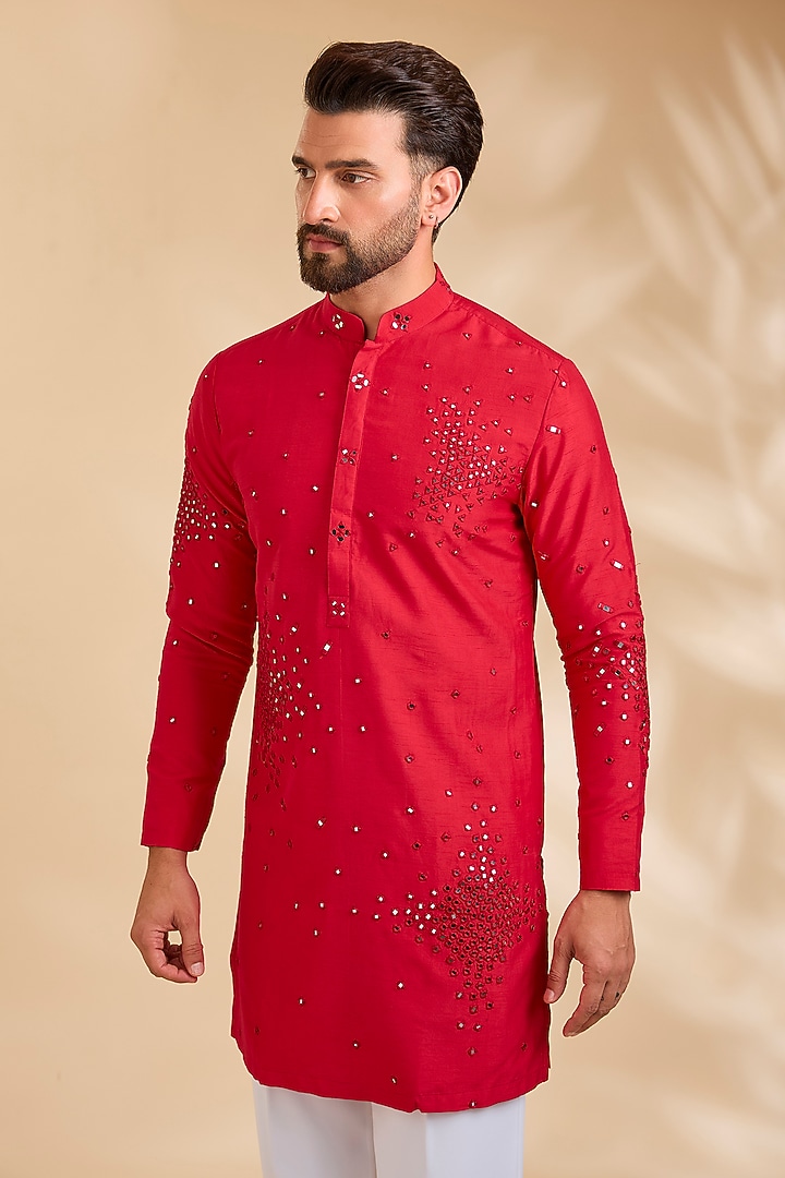 Red Silk Kurta by Rohit Doshi at Pernia's Pop Up Shop
