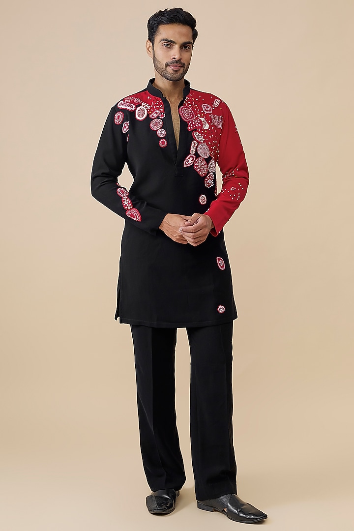 Black & Red Polyester Kurta by Rohit Doshi at Pernia's Pop Up Shop