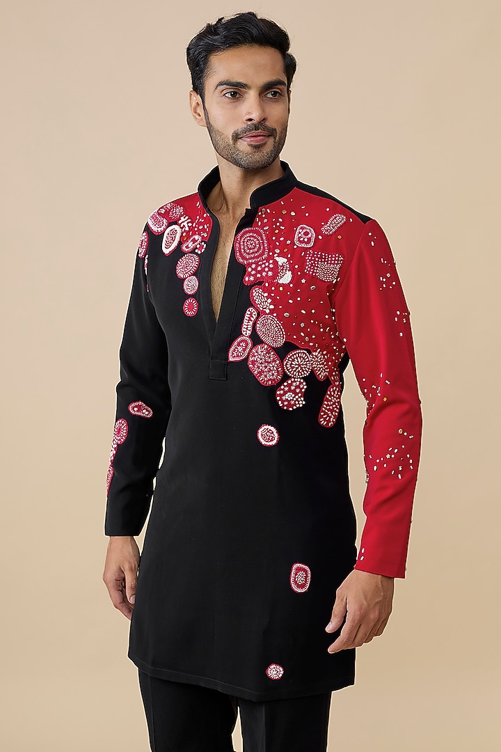 Black & Red Polyester Kurta by Rohit Doshi at Pernia's Pop Up Shop