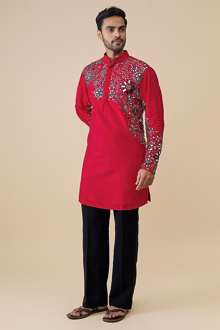 Red Silk Kurta by Rohit Doshi at Pernia's Pop Up Shop