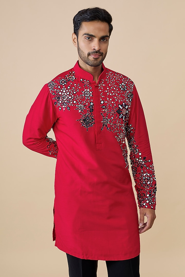 Red Silk Kurta by Rohit Doshi at Pernia's Pop Up Shop