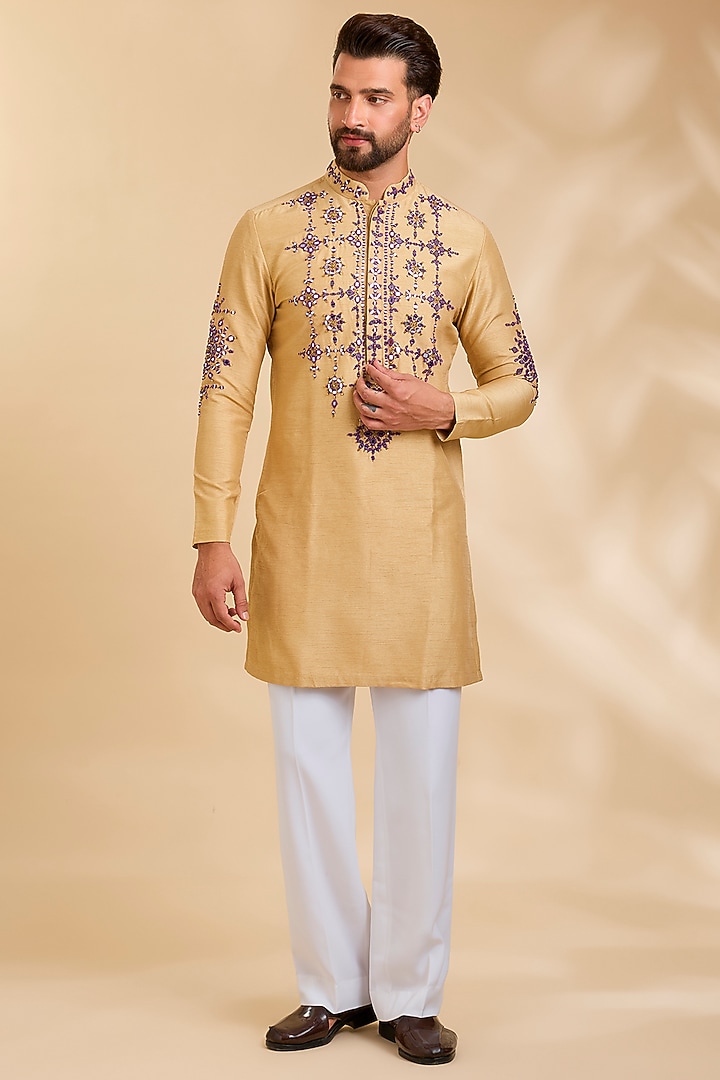 Yellow Ochre Silk Kurta by Rohit Doshi at Pernia's Pop Up Shop