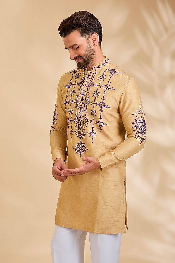 Yellow Ochre Silk Kurta by Rohit Doshi at Pernia's Pop Up Shop