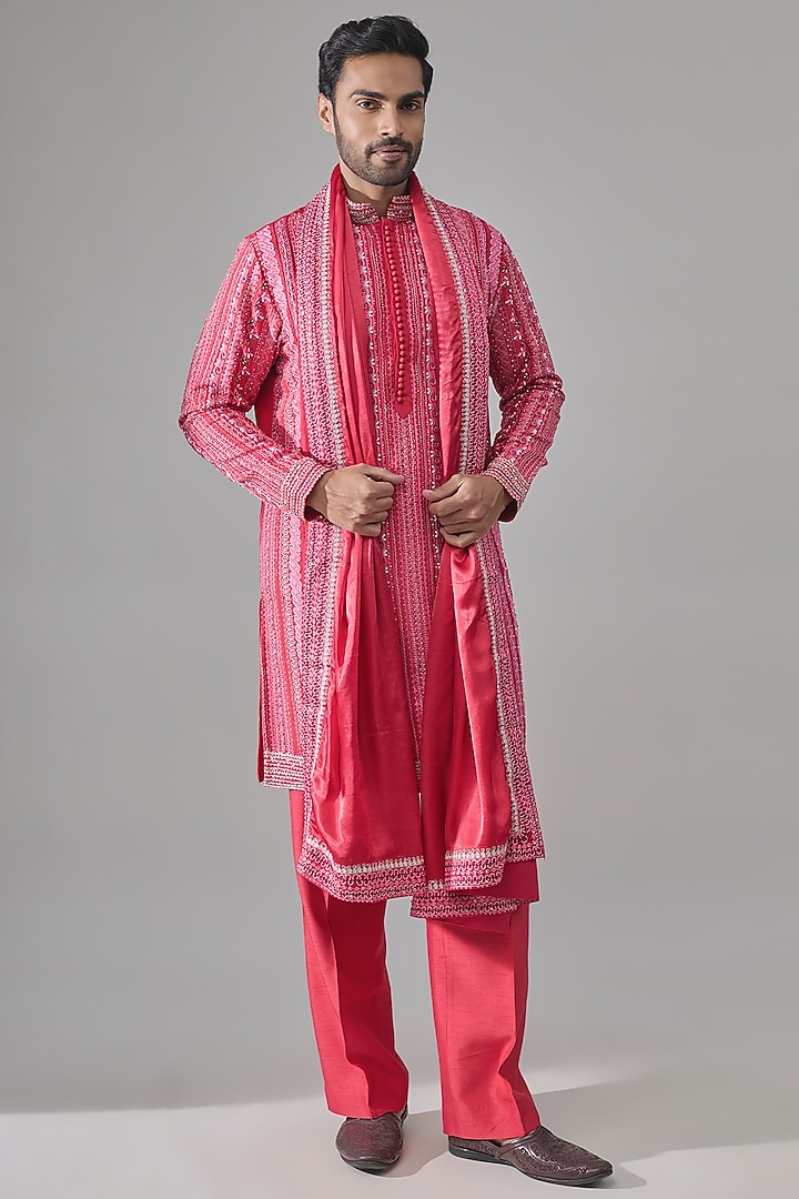 Red Silk Kurta Set by Rohit Doshi at Pernia's Pop Up Shop