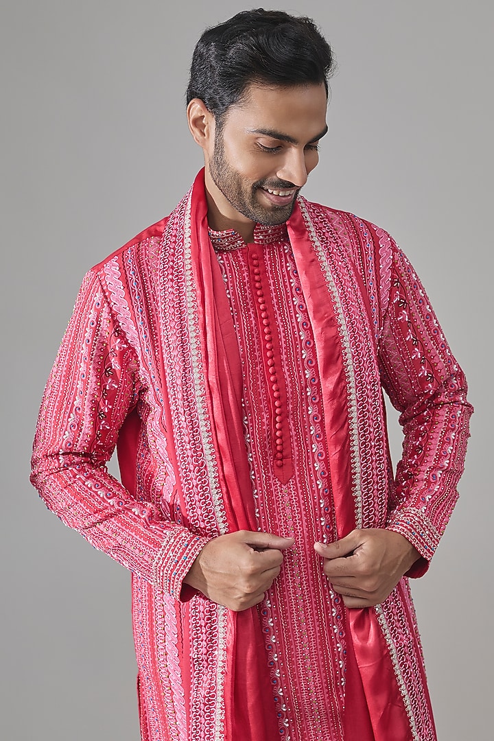 Red Silk Kurta Set by Rohit Doshi at Pernia's Pop Up Shop