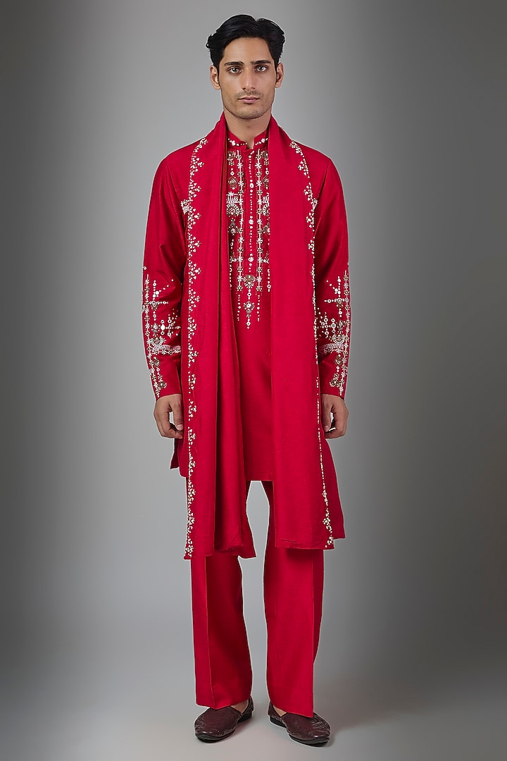 Red Silk Kurta Set by Rohit Doshi at Pernia's Pop Up Shop