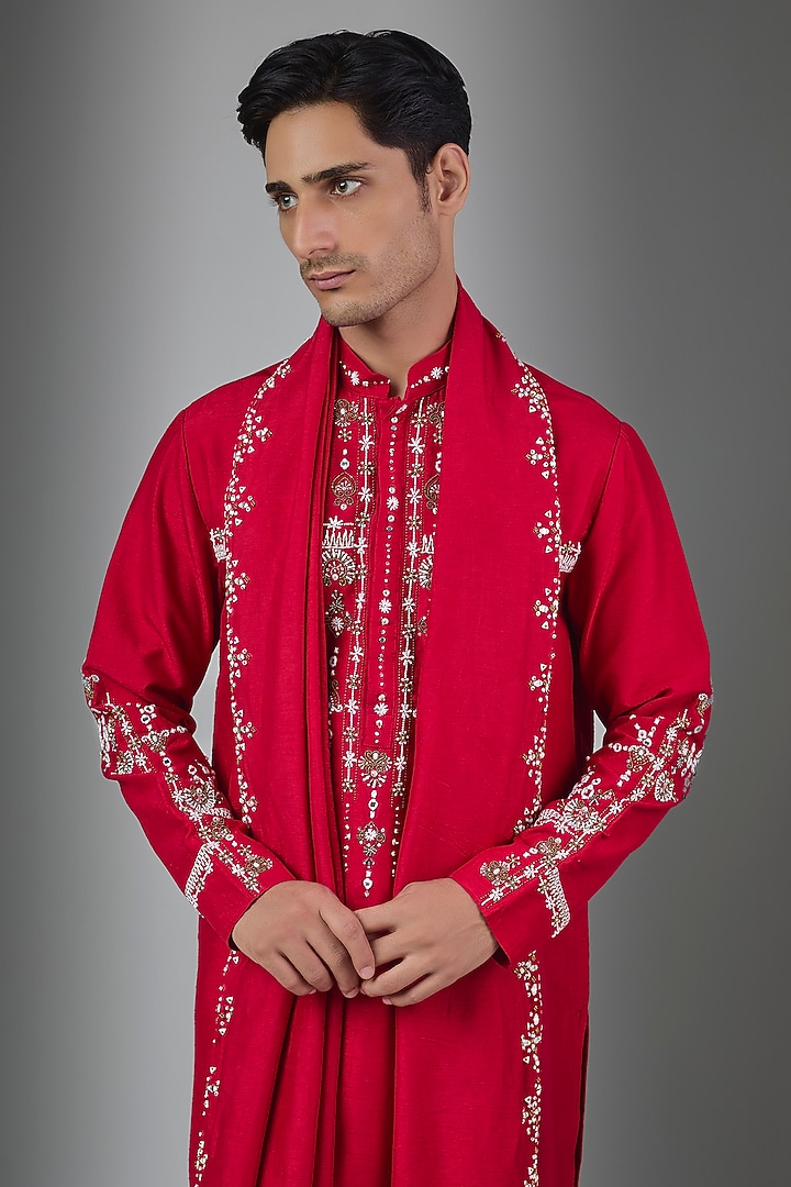 Red Silk Kurta Set by Rohit Doshi at Pernia's Pop Up Shop