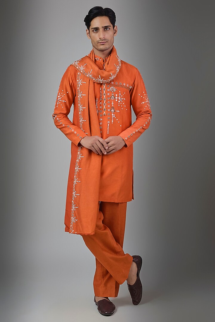 Orange Silk Kurta Set by Rohit Doshi at Pernia's Pop Up Shop