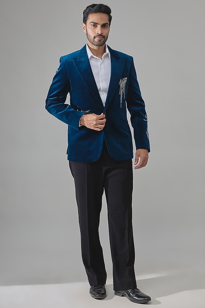 Blue Velvet Tuxedo Set by Rohit Doshi at Pernia's Pop Up Shop