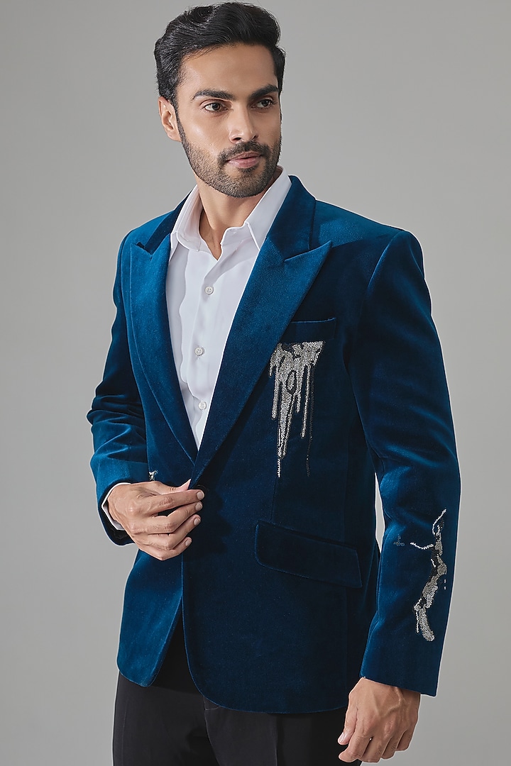 Blue Velvet Tuxedo Set by Rohit Doshi at Pernia's Pop Up Shop